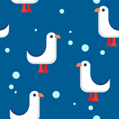 baby seamless pattern with cartoon seabird and bubbles on a dark blue background. cartoon flat design of gull. Marine theme