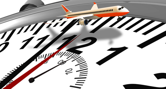 airplane plane clock time arival departure, 3d rendering