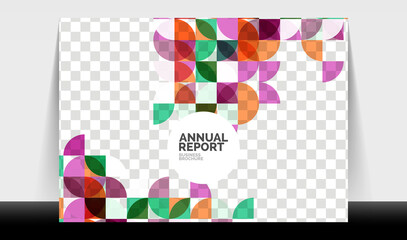 Horizontal A4 business flyer annual report template, circles and triangle style shapes modern geometric design for brochure layout, magazine or booklet