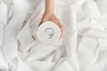 Hand holding toilet paper roll