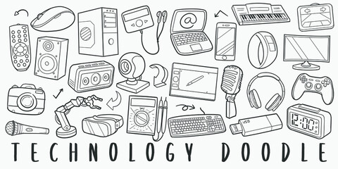 Technology Doodle Line Art Illustration. Hand Drawn Vector Clip Art. Banner Set Logos.