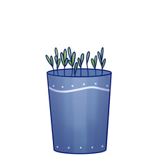 blue flower pot with small sprouts