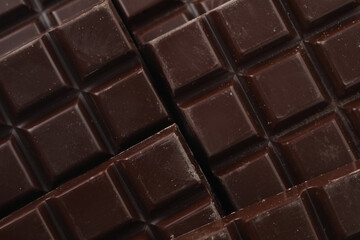 Delicious dark chocolate as background, closeup view