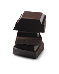Pieces of delicious dark chocolate isolated on white