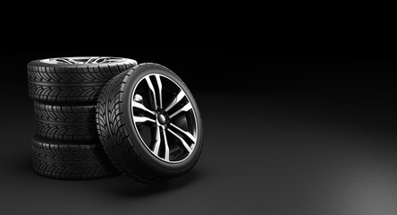 Four car wheels on black background. 3D rendering illustration.