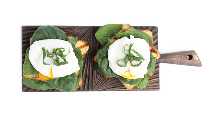 Fototapeta na wymiar Delicious poached egg sandwiches isolated on white, top view
