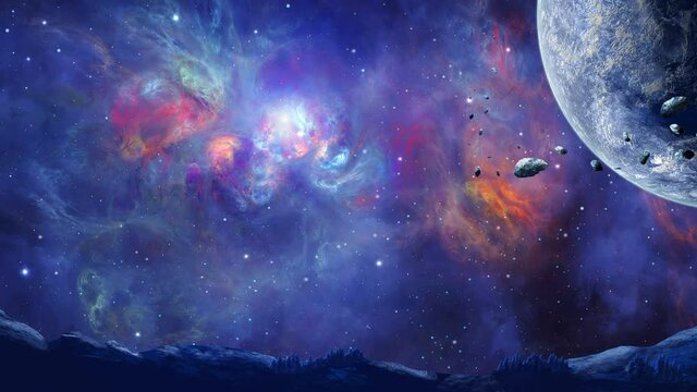 Space background. Fly through planet with asteroid and mountain land silhouette in colorful nebula. Elements furnished by NASA. 3D rendering
