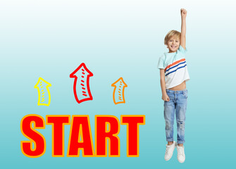 Cute little boy and word START on light background