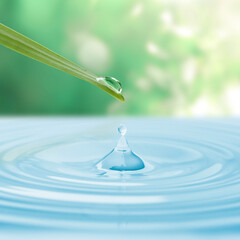 Water drops falling from grass blade into water on sunny day, closeup. Ecology protection