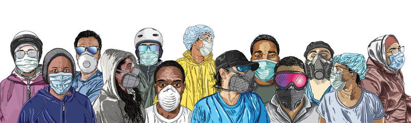 Composition of people in protective medical face masks. New Normal social concept, Crowd of men and women wearing protection from coronavirus COVID-19 virus and urban air pollution. Vector.