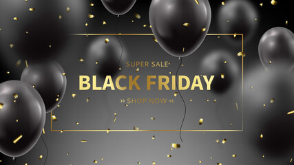 Black Friday sale web banner. Realistic flying balloons with golden confetti on black background. Social media banner template. Promo discount offer. Vector illustration.