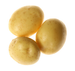 Fresh raw organic potatoes on white background, top view