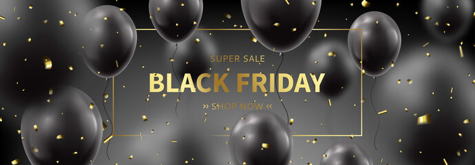 Black Friday sale horizontal promo banner. Realistic flying balloons with golden confetti on black background. Social media banner template. Promo discount offer. Vector illustration.