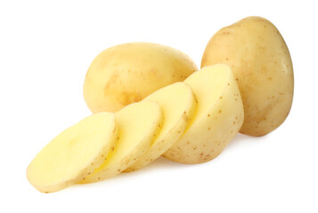 Whole and cut fresh raw organic potatoes on white background