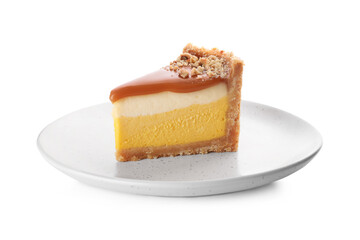 Piece of delicious cake with caramel isolated on white