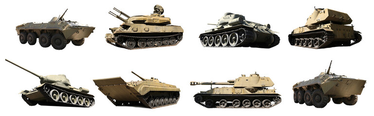 Set of different military machinery on white background. Banner design