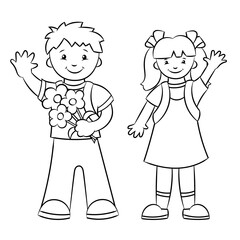 Schoolboy and schoolgirl, boy and girl. Coloring book page