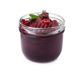 Pickled beets in jar isolated on white