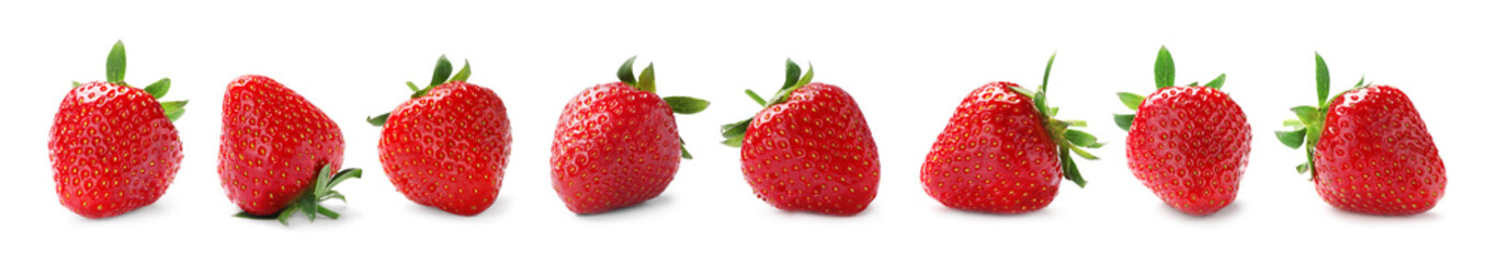 Set with delicious sweet strawberries on white background. Banner design