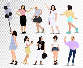 Set of Young happy girls, office girl, schoolgirl, health worker, girl with balls, student, women medical worker, business women. Set vector icons. Vector in a flat style on transparent background.