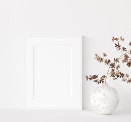 Mock up frame close up in home interior background with plant in vase, 3d render