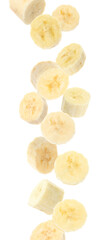 Set with delicious ripe banana pieces falling on white background