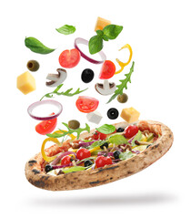 Delicious pizza with flying ingredients on white background
