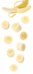 Set with delicious ripe banana and pieces falling on white background
