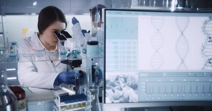 Female team working in modern laboratory. Studying genetic material with microscope. Using computer
