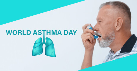 World asthma day. Man using inhaler on color background, banner design