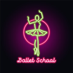 ballet neon sign for ballet school, dance studio. vector illustration	