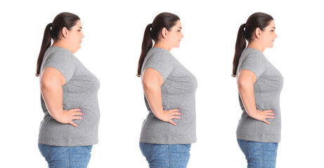 Collage with photos of overweight woman before and after weight loss on white background