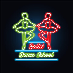 ballet neon sign for ballet school, dance studio. vector illustration	