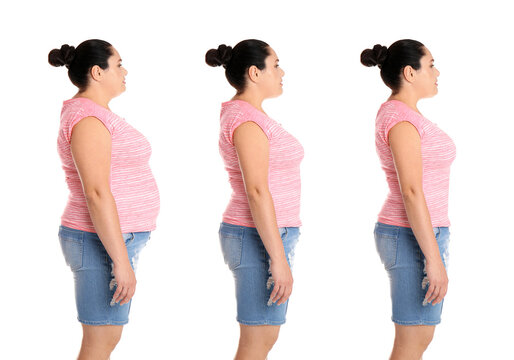 Collage with photos of overweight woman before and after weight loss on white background. Banner design