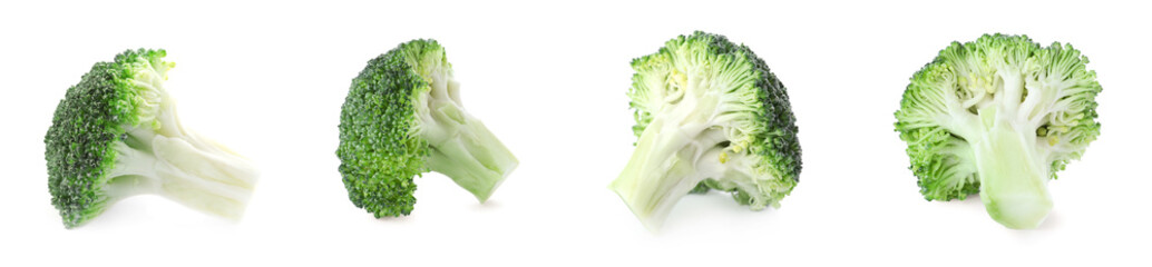 Set of fresh green broccoli on white background, banner design