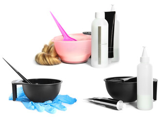 Set with different hairdresser supplies on white background