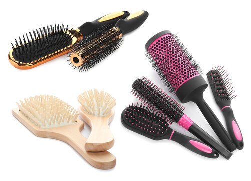 Set with different hair brushes on white background