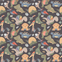 Seamless pattern on dark gray background of dinosaurs with Tyrannosaur Diplodocus Pterosaur Rhamphorhynchus Triceratops Ankylosaurus Quetzalcoatl Spinosaurus Pteranodon Parasaurolophus © Ульяна Шабанова