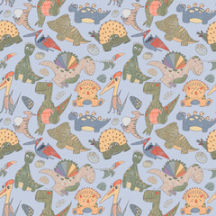 Seamless pattern on blue background  of dinosaurs with Tyrannosaur Diplodocus Pterosaur Rhamphorhynchus Triceratops. Ankylosaurus. Quetzalcoatl Spinosaurus Pteranodon Parasauroloph Dinasaur eggs Rocks © Ульяна Шабанова