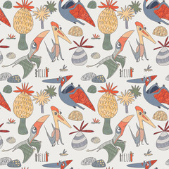 Seamless pattern on the gray background of dinosaurs with Pterosaur Rhamphorhynchus Quetzalcoatl trees rocks Fossils © Ульяна Шабанова