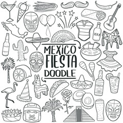 Mexican Party doodle icon set. Mexico 5 de Mayo Vector illustration collection. Hand drawn Line art style.