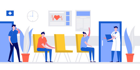 Patients sitting in chairs waiting appointment time at hospital doctor consultation. Doctor in uniform is welcoming visitors for medical diagnosis. Modern flat style illustration