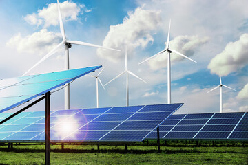 Solar panels and wind turbines installed outdoors. Alternative energy source