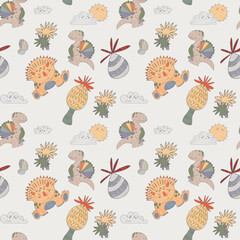 Seamless pattern on gray background of dinosaurs Spinosaurus, Triceratops,  trees, sun, clouds © Ульяна Шабанова