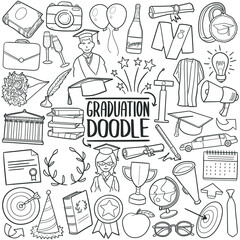 Graduation doodle icon set. School finnish Vector illustration collection. University Party Hand drawn Line art style.