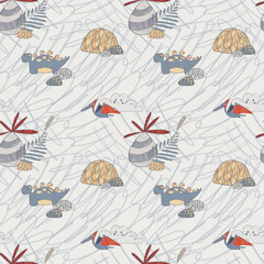 Seamless pattern on gray background with dinosaurs stegosaurus and Pterosaur Pteranodon  © Ульяна Шабанова
