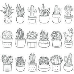 Cactus and Succulents doodle icon set. Plant in Pot Vector illustration collection. Home Decor Hand drawn Line art style.