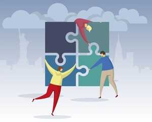 Business flat concept. Team puzzle metaphor. People connecting puzzle elements. Flat illustration flat design simple style. Symbol different races teamwork, heterosexual cooperation, partnership