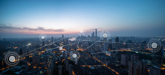 5G icon with city skyline in shanghai china