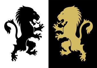 Two heraldic rampant lion silhouettes. Coat of arms. Heraldry logo design element. A lion rampant standing from a coat of arms or heraldic crest. Gold Lion black Background flat design. Vector - 359955150